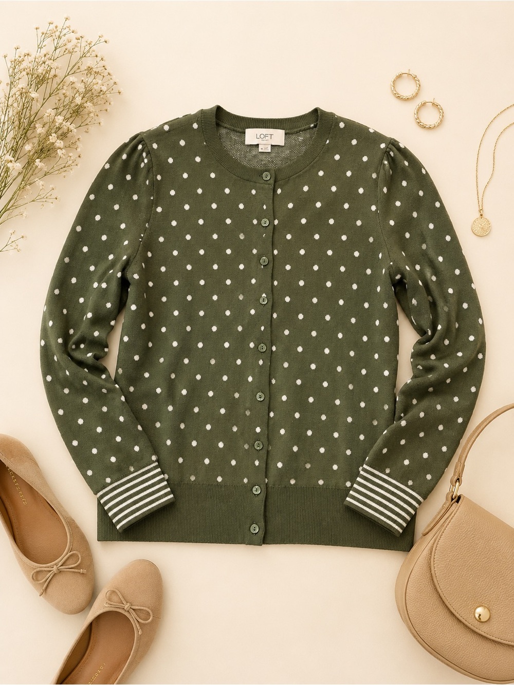 LOFT Olive Green Polka Dot Cardigan Sweater Striped Cuffs M